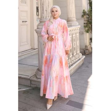 Rochie Maxi -  guler rotund - nasturi - roz garofana - textil