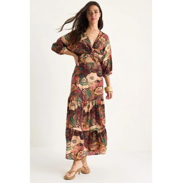 Rochie maxi HiCCUP cu imprimeu etnic și decolteu în V - Maro deschis