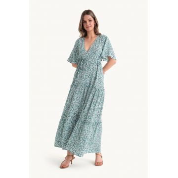 Rochie maxi -  imprimeu floral - decolteu in V - verde - textil