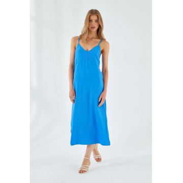 Rochie Midi -  Albastru Cobalt - Decolteu in V - Slit - Textil