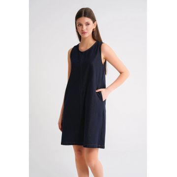 Rochie midi -  bumbac - albastru marin - cu guler rotund - cu buzunare