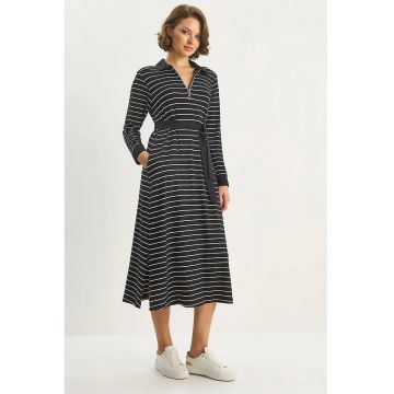 Rochie midi  cu dungi - guler tip camasa - multicolor - jerseu