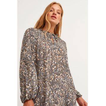 Rochie midi cu imprimeu floral - Alb fildes/Negru/Bej