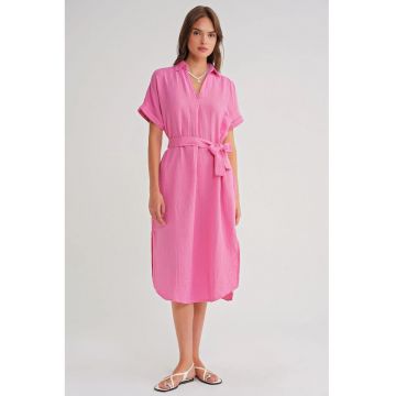 Rochie Midi -  cu Maneca Scurta si Cordon - Roz Pudrat - Textil