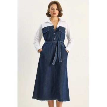 Rochie midi -  denim - guler camasa - albastru
