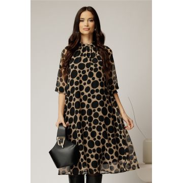 Rochie midi din voal bej cu buline negre
