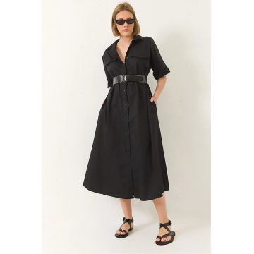 Rochie midi  guler de camasa - cu nasturi - negru - poliester