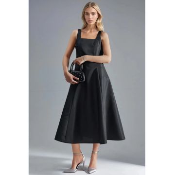 Rochie midi  guler patrat - negru - textil