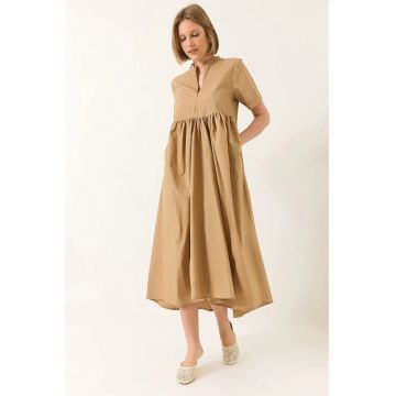 Rochie midi  guler Tippet - cu volane - bej - tricot