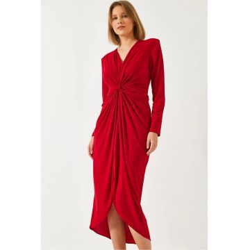 Rochie midi HiCCUP - decolteu in V - volane - rosu - bumbac-lycra