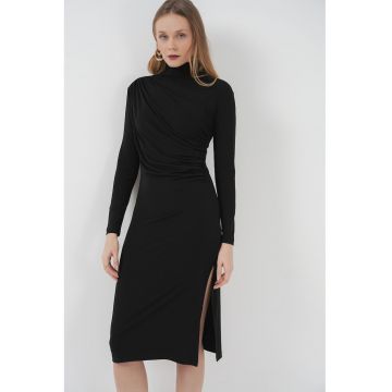 Rochie midi - HiCCUP - mulata cu guler inalt - neagra - jerseu