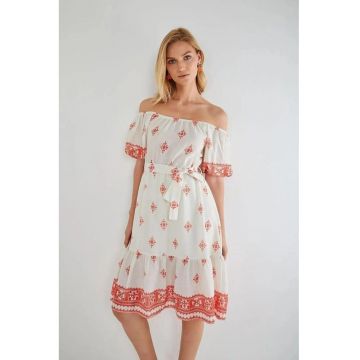 Rochie Midi -  Imprimeu Floral - Portocaliu Stralucitor - Textil