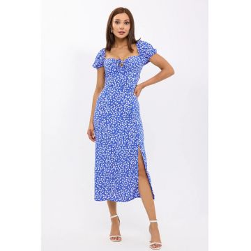 Rochie midi -  imprimeu floral - umeri goi - albastra - textil
