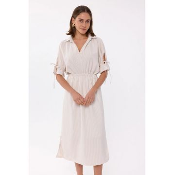 Rochie midi  maneca scurta - talie elastica - bej - poliester
