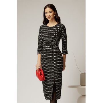 Rochie midi neagra cu buline albe si detaliu pe talie