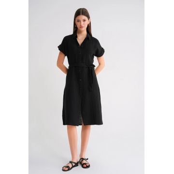Rochie midi -  Relaxed Fit - guler de camasa - negru - textil