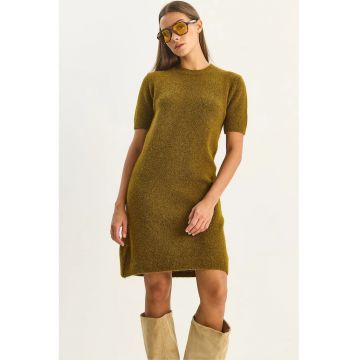 Rochie midi -  tricotata - verde masliniu - cu guler rotund -