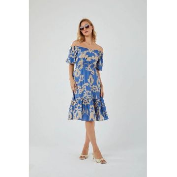 Rochie Midi -  volane - decolteu pe umar - albastru maya - textil -