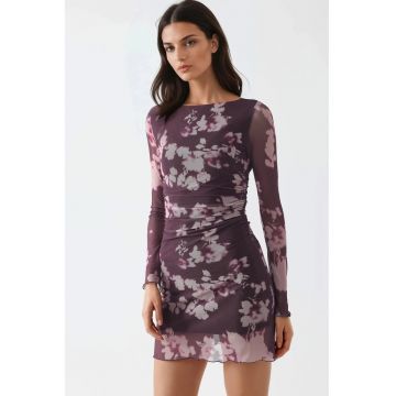 Rochie Mini  Floral - Maneci Lungi - Mov - Jerseu