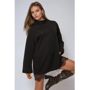 Rochie mini -  guler inalt - detalii din dantela - negru - jerseu