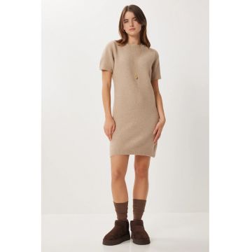 Rochie mini - Happiness Istanbul - guler rotund - bej - tricot -