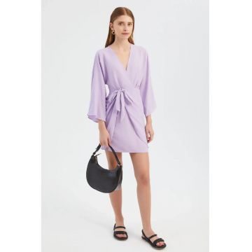 Rochie mini -  infasurata - decolteu in V - violet - textil