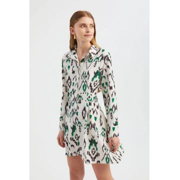 Rochie mini -  linie A - decolteu polo - maneca lunga - detaliu nasturi - verde - textil