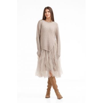 Rochie suprapusa din tulle cu volane cu pulover asimetric cu fermoar, bej