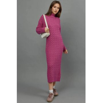 Rochie tricotata  guler inalt - maneca lunga - roz - tricot -