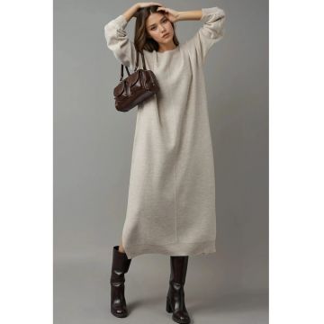 Rochie tricotata -  lunga - gri - cu nervuri texturate si detaliu slit - tricot -