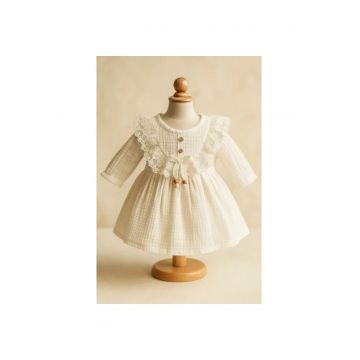 Rochita fetita din muselin cu dantela si maneca lunga - Alb