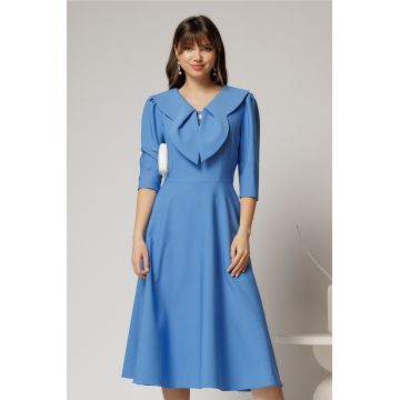 Rochie albastra clos de ocazie cu guler maxi si nasturi perluta