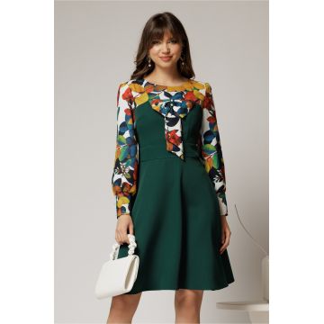 Rochie Andrada din stofa verde cu funda si imprimeu colorat