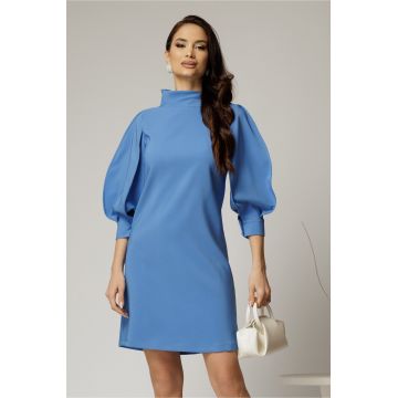 Rochie bleu cu maneci bufante si guler maxi