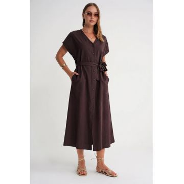 Rochie camasa  cu curea - textil - Maro