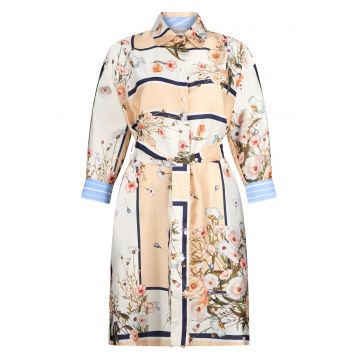 Rochie-camasa cu imprimeu si maneci lungi - Portocaliu/Albastru deschis