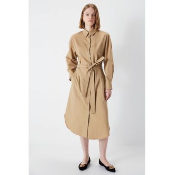 Rochie-camasa midi din bumbac cu cordon - Maro deschis