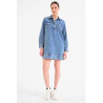 Rochie-camasa mini din denim - Albastru melange