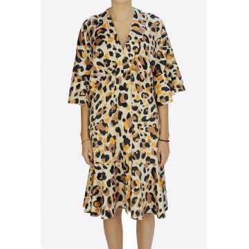 Rochie cu animal print si nasturi Iarina - Negru/Galben sofran/Alb murdar