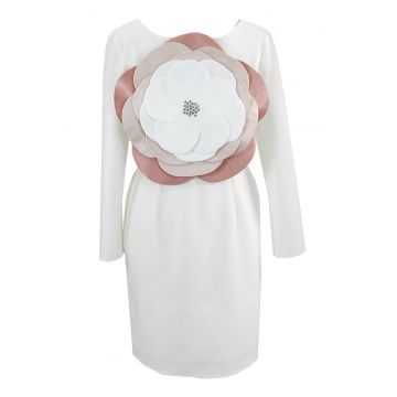 Rochie cu aplicatie florala frontala - Alb/Bej