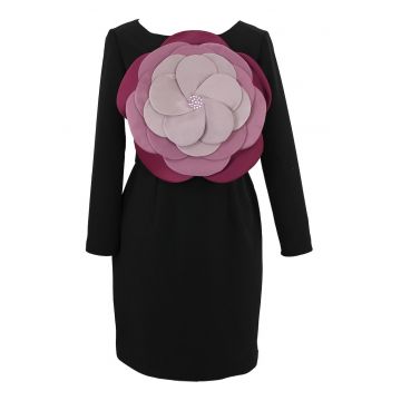 Rochie cu aplicatie florala frontala - Negru/Roz