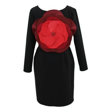 Rochie cu aplicatie florala frontala - Rosu/Negru