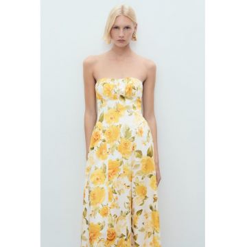 Rochie cu bretele detasabile si model floral - Galben pai/Verde masliniu/Alb murdar