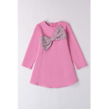 Rochie cu croiala A si funda in carouri - Roz deschis