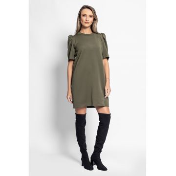 Rochie cu croiala dreapta si maneci bufante - Kaki