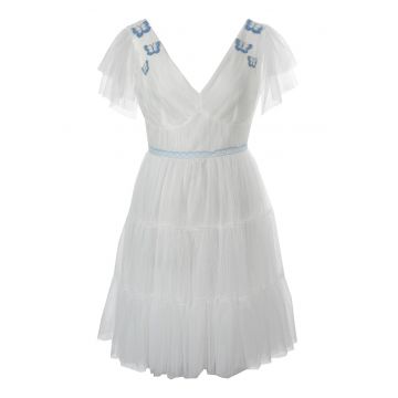 Rochie cu decolteu in V si aplicatii cu fluturi - Alb