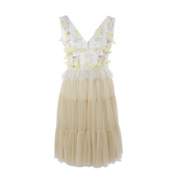 Rochie cu decolteu in V si broderie florala - Alb/Galben pal/Maro camel