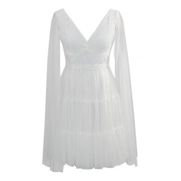 Rochie cu decolteu in V si garnituri de dantela - Alb