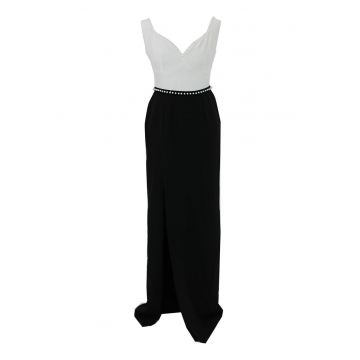 Rochie cu decolteu in V si margele aplicate - Alb/Negru