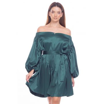 Rochie cu decolteu pe un umar si brau in talie - Verde inchis